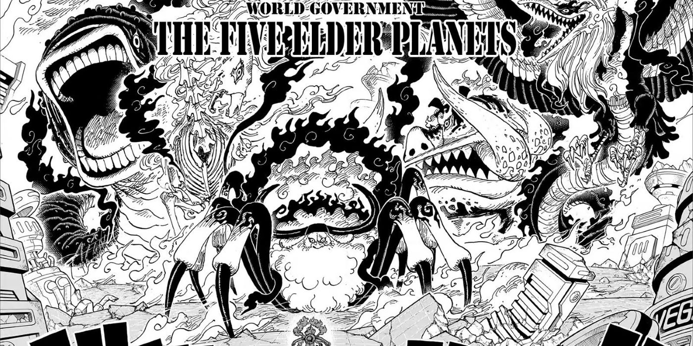 Luffy is in his Gear 5 form, facing the Five Elders. The older men are all transformed, thanks to their Zoan Devil Fruits. This occured during the Egghead Island Arc.
