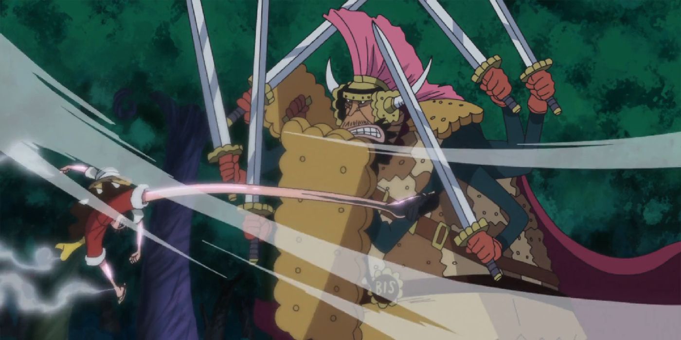 Luffy kicking cracker in his buscuit armor with gear 2 in one piece