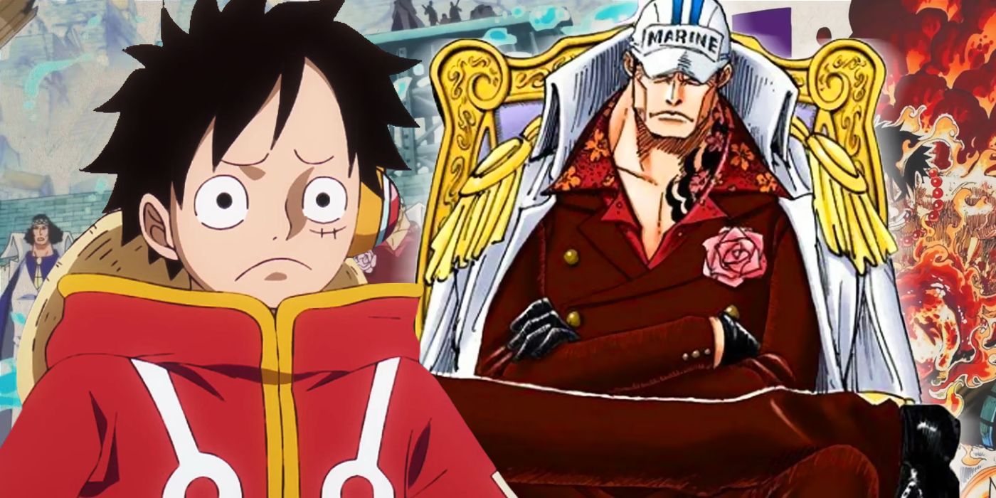 Luffy looking sad dressed in his egghead outfit with akainy sitting on a chair with his arms crossed as seen in the digitally colored manga in one piece with stills from the marineford arc in the background