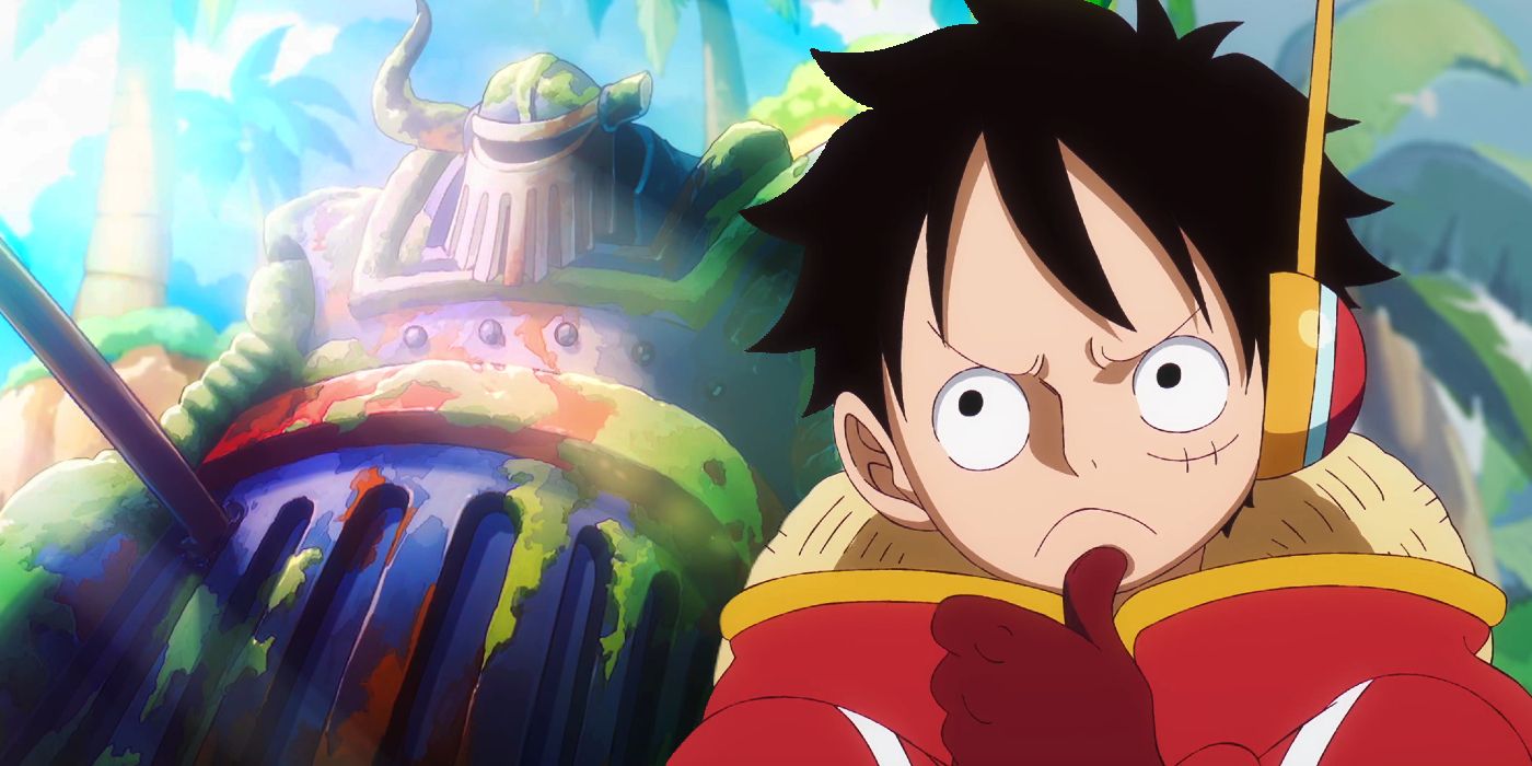 Luffy looking thoughtful in one piece rubbing his chin with his thumb with the iron giant in the background
