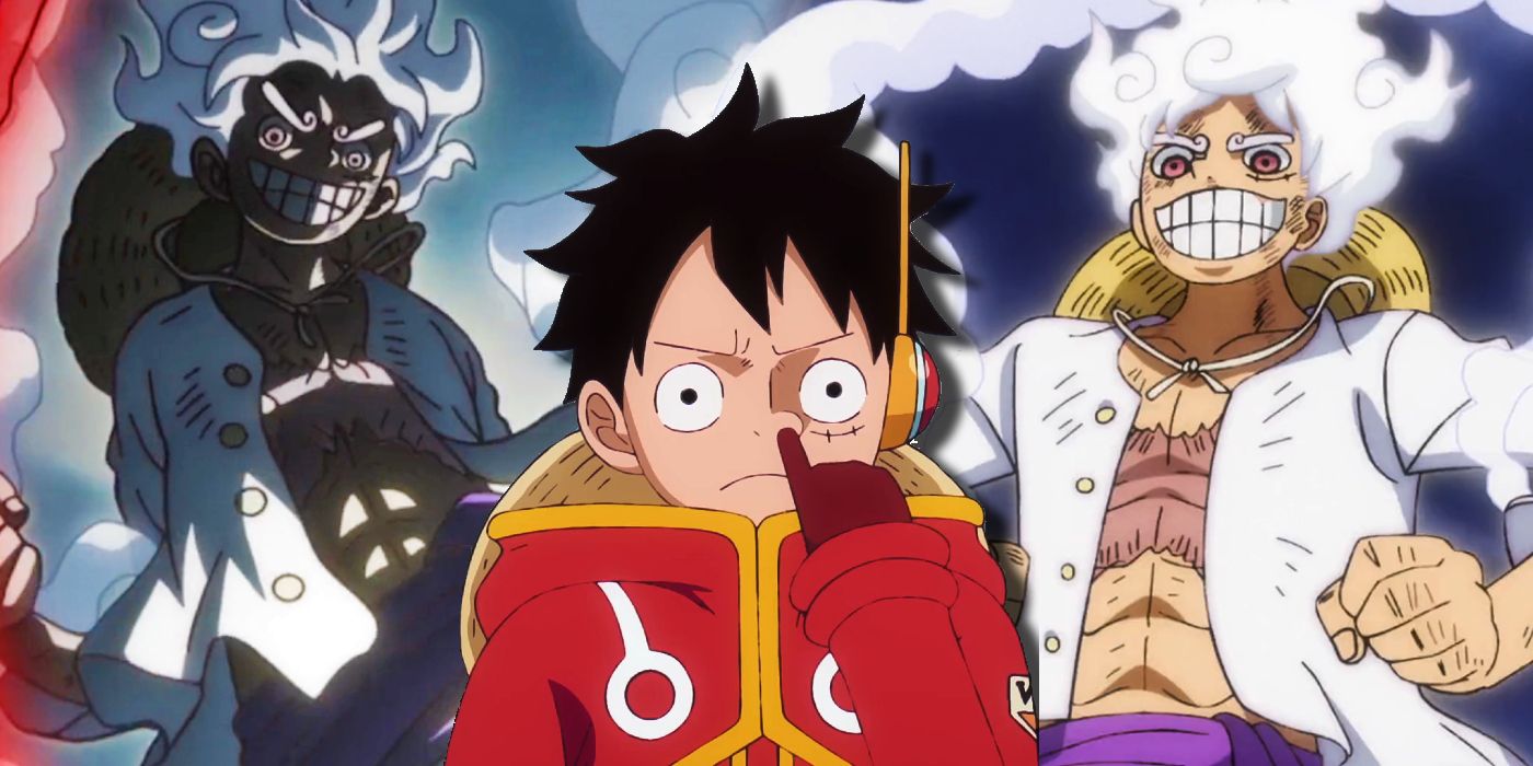 Luffy picking his nose in one piece dressed in his egghead outfit with stills of gear five from wano in the background