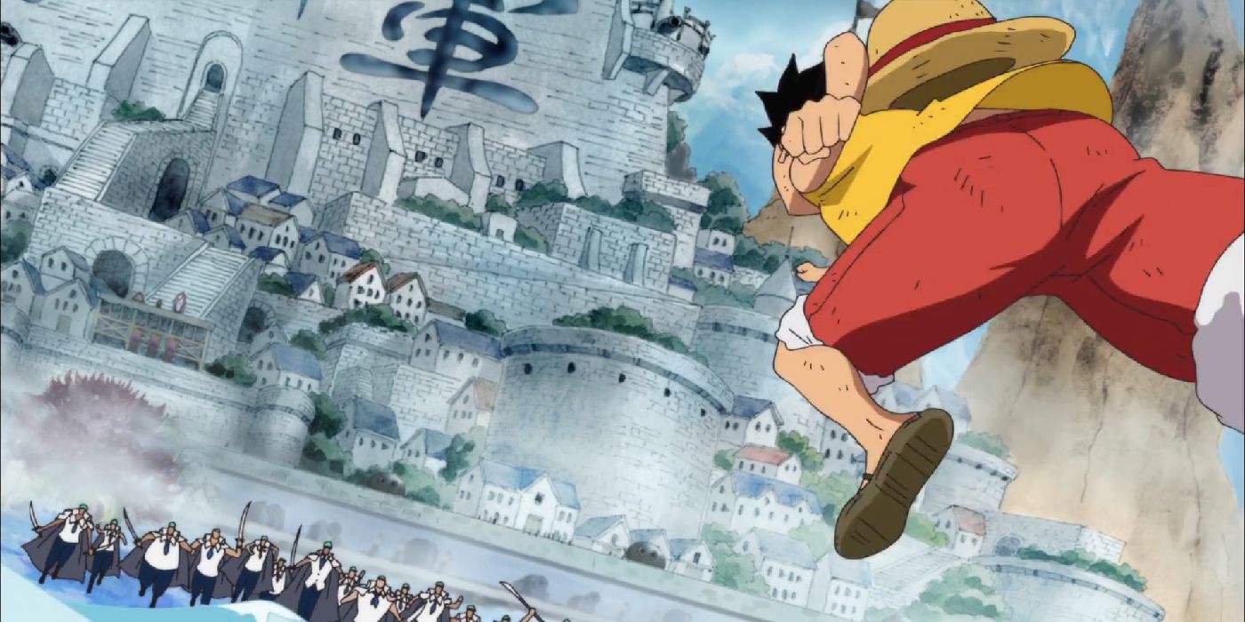 Luffy running towards a hoard of marines at marineford in one piece