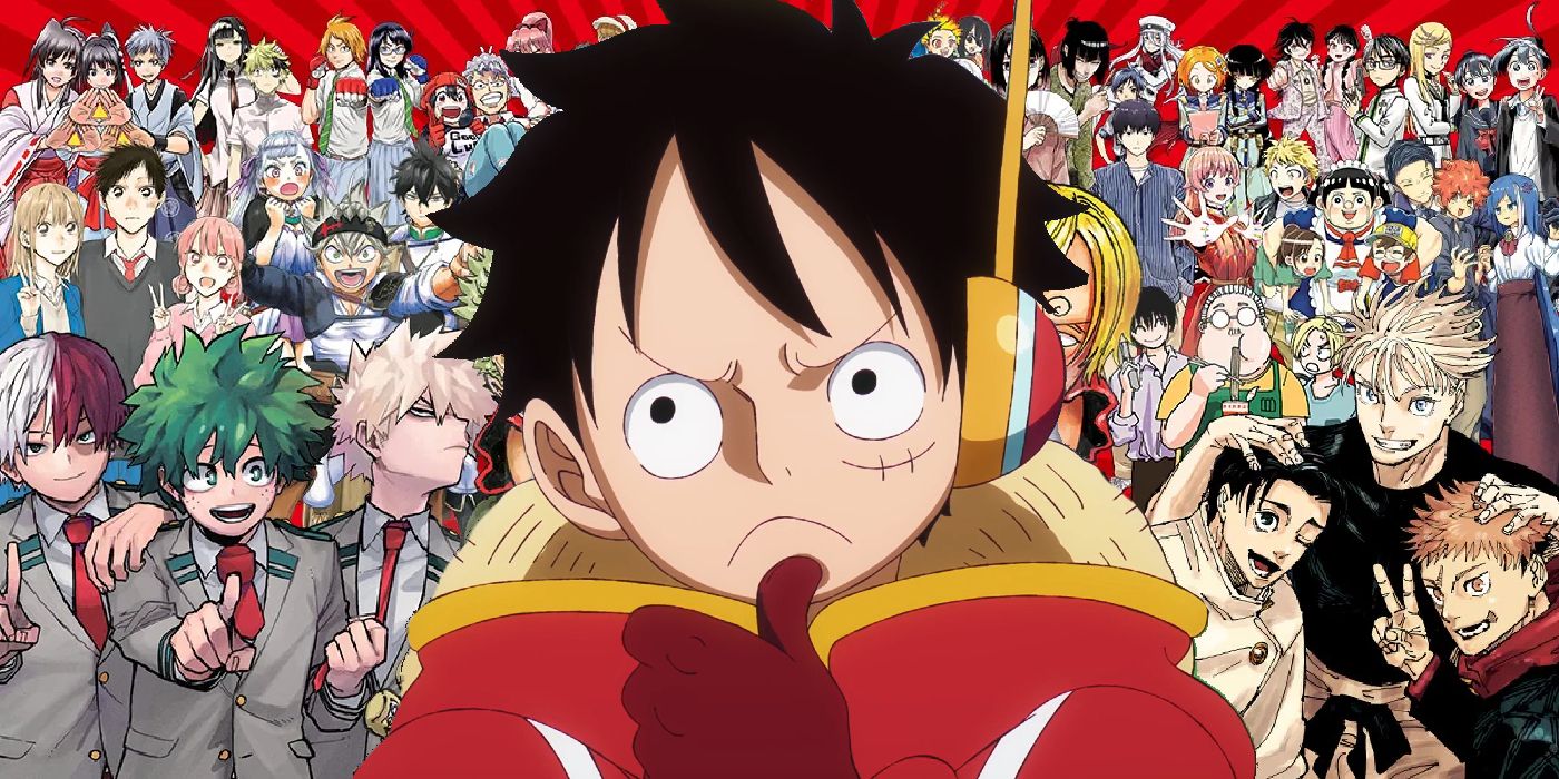 luffy thinking against a background of manga characters on the cover of shonen jump