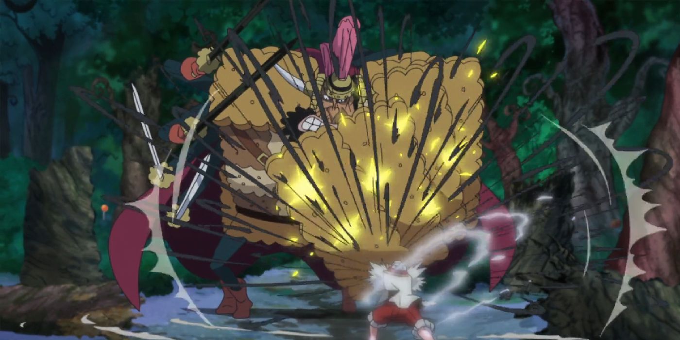 Luffy using gatling against cracker in his biscuit armor who is is defending using a biscuit shield in one piece