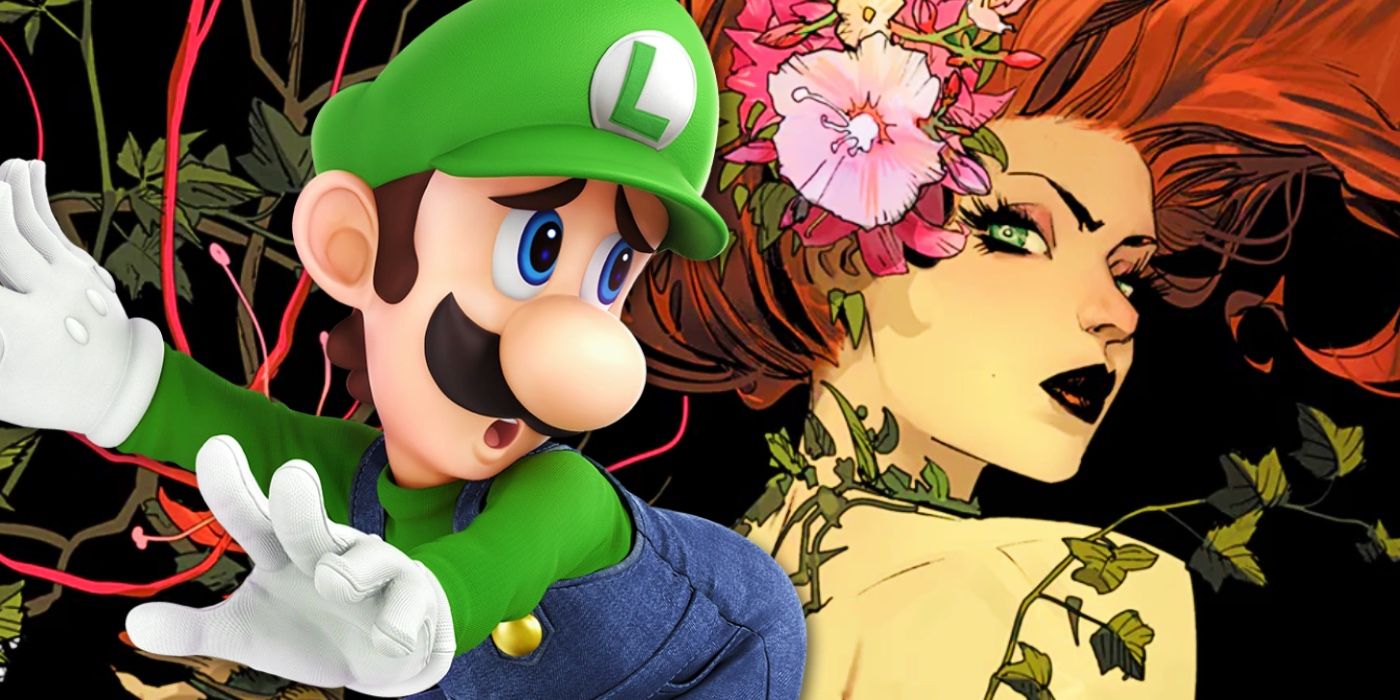 Luigi looking backwards at Poison Ivy who's looking behind her back at him
