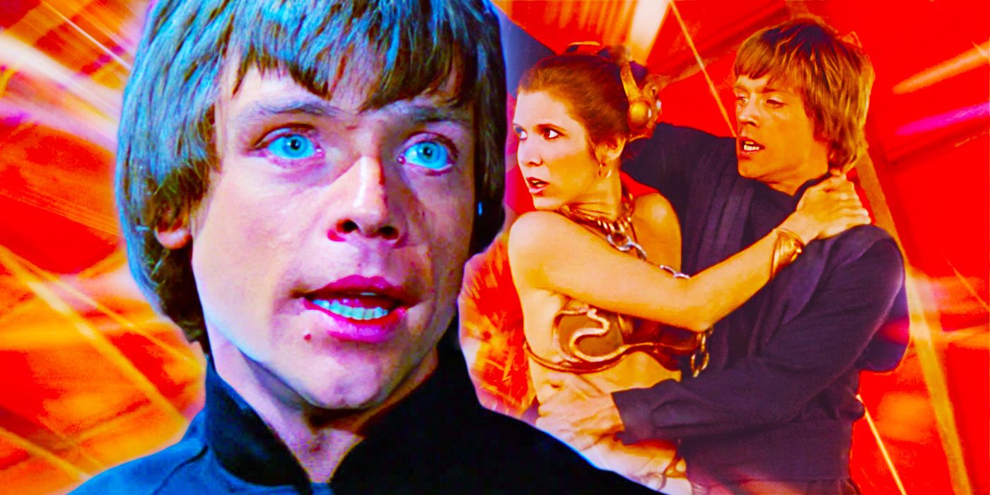 Luke Skywalker in the original trilogy in the foreground and Luke holding onto Leia in her slave outfit in the background.