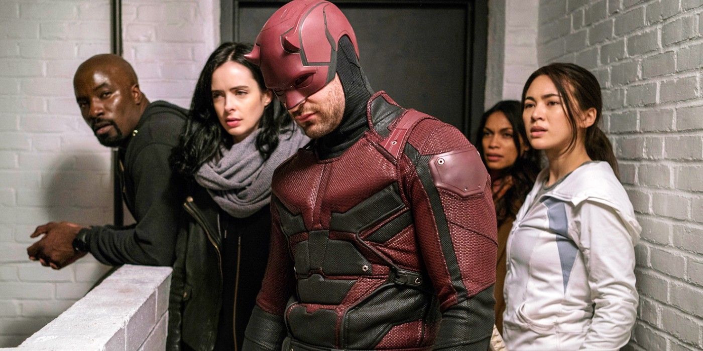 Luke Cage, Jessica Jones, Daredevil, Claire Temple, and Colleen Wing in The Defenders