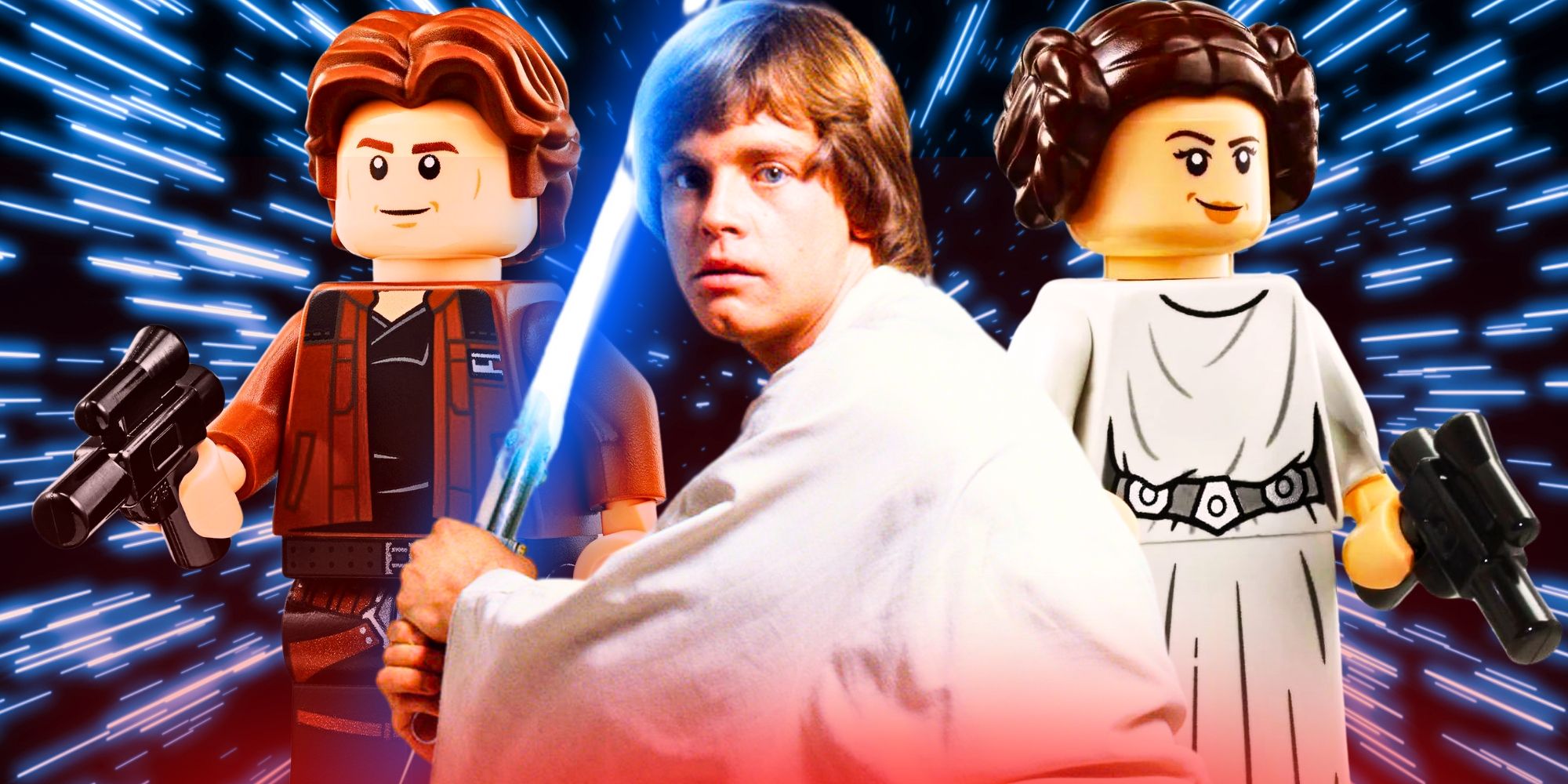 Luke Skywalker With a Blue Lightsaber in front of Lego Mini Figures of Han and Princess Leia