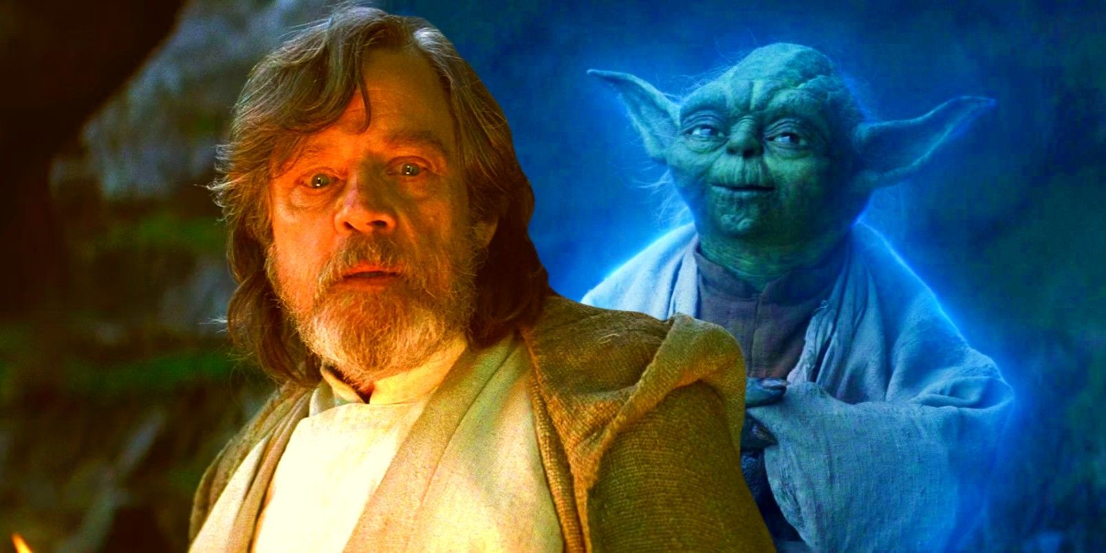 Luke Skywalker (Mark Hamill) with a horrified look on his face next to Yoda's Force ghost on Ahch-To in Star Wars: Episode VIII - The Last Jedi