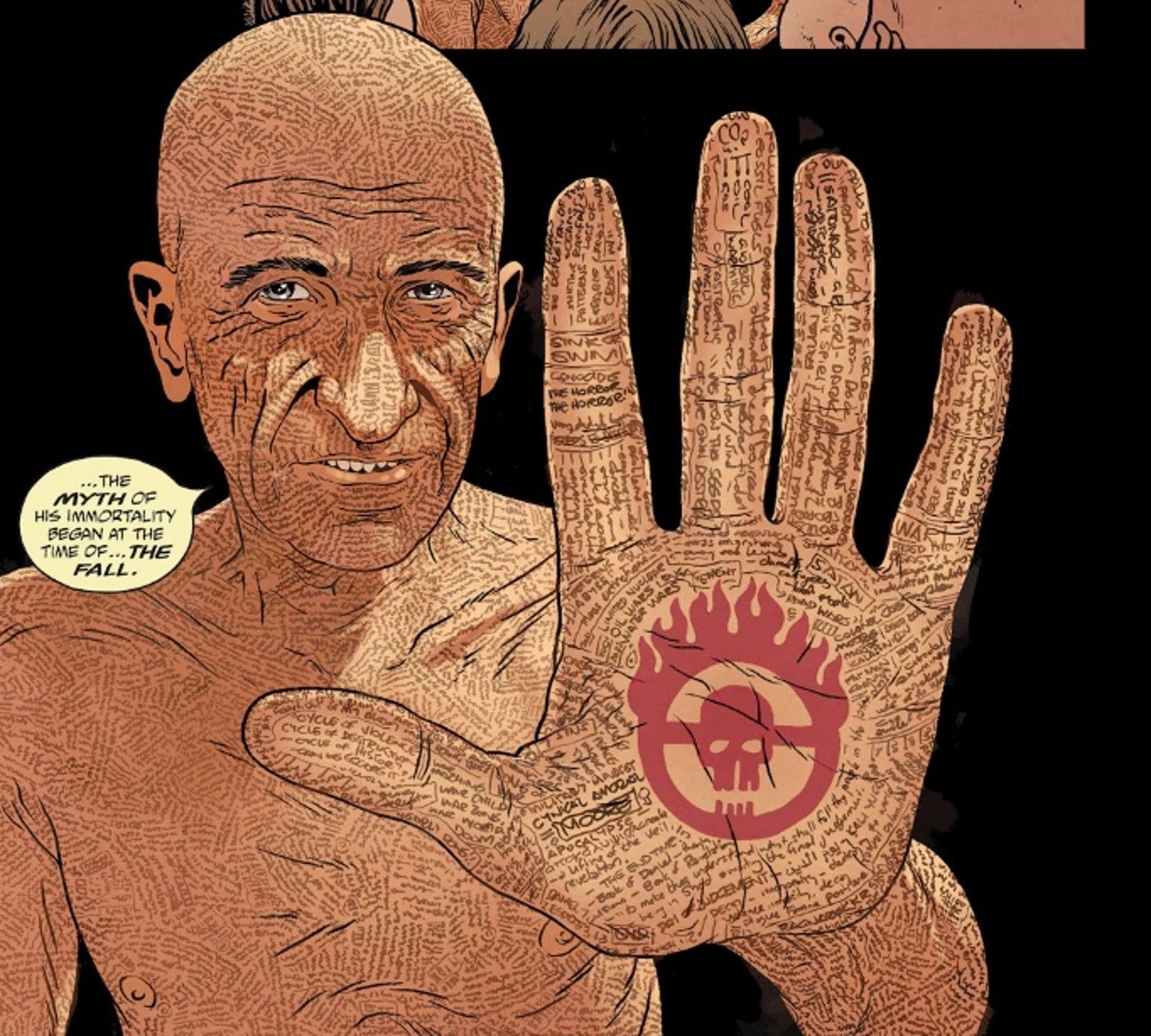 Nux & Immortan Joe # 1, Homem da História com o símbolo War Rig pintado em sua mão, resto do corpo coberto por escrita.