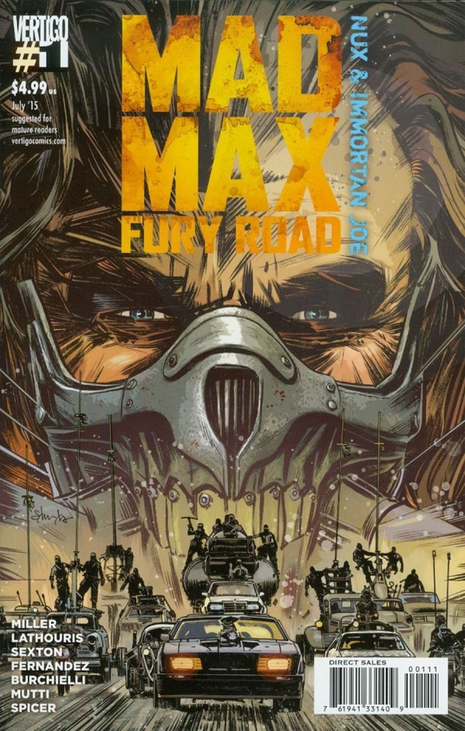 Mad Max Fury Road: Nux & Immortan Joe capa em quadrinhos, War Boys correndo para a batalha enquanto o rosto de Joe paira sobre eles