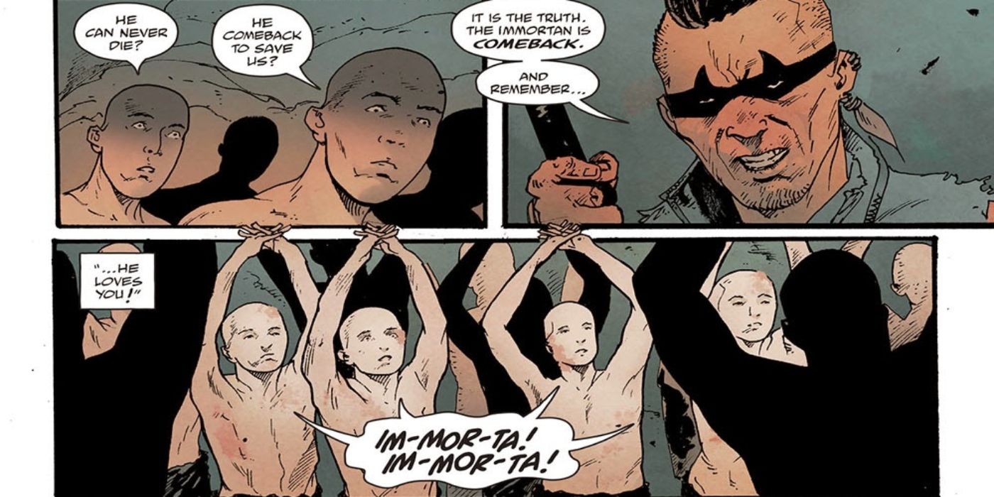 Os War Boys aprendendo a 'verdade' de seu deus, Immortan Joe em Mad Max.