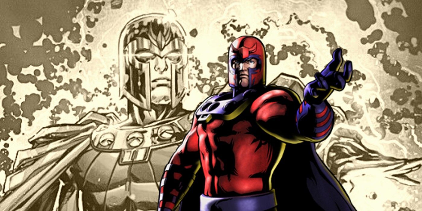 Magneto standing with his arm outstretched in front of a faded image of himself
