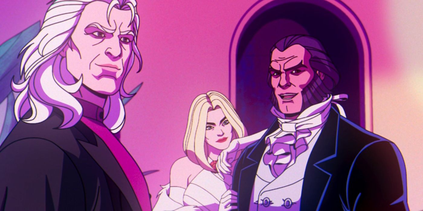 Magneto, Emma Frost e Shaw em trajes formais no episódio de X-Men '97