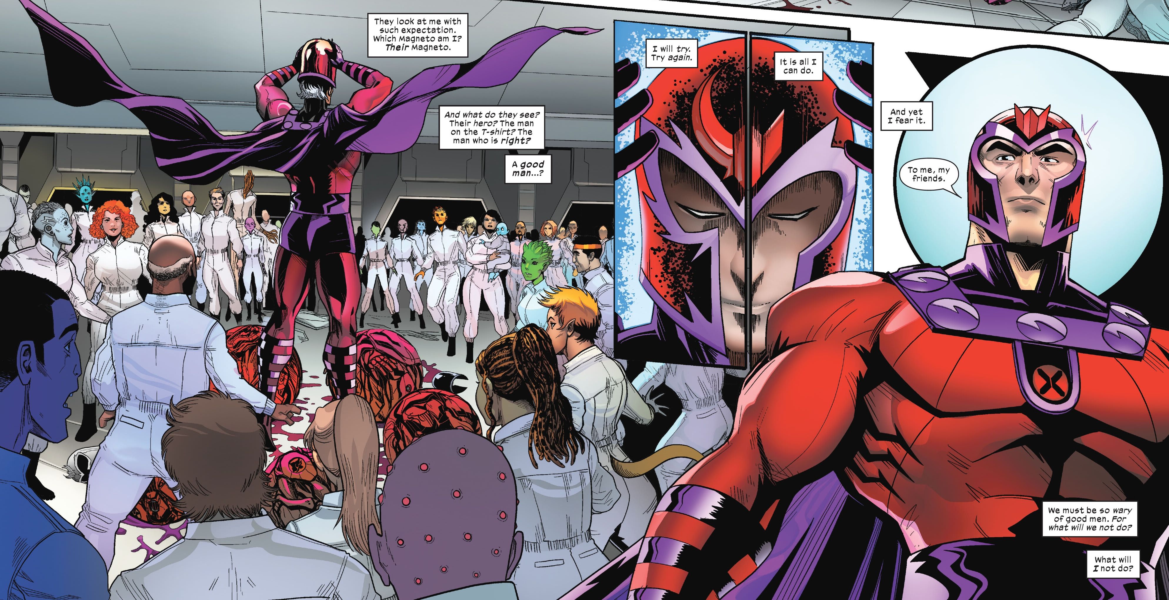 Magneto, em seu traje vermelho e roxo, fica no meio de um círculo de mutantes libertados e coloca seu capacete. 