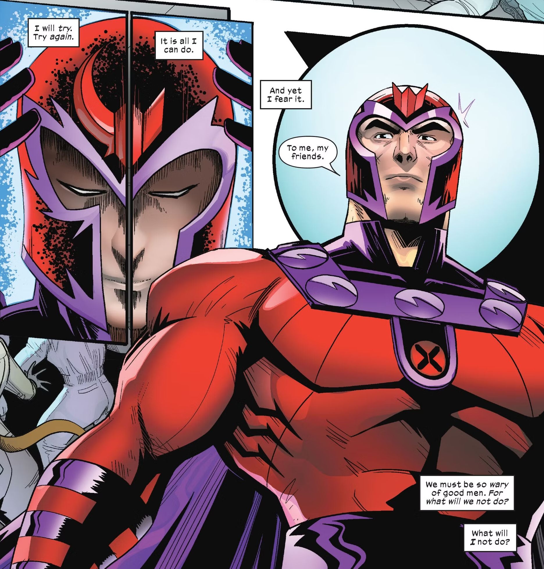 Ressurreição de Magneto #4, Magneto diz 'para mim, meus amigos' enquanto assume seu papel heróico