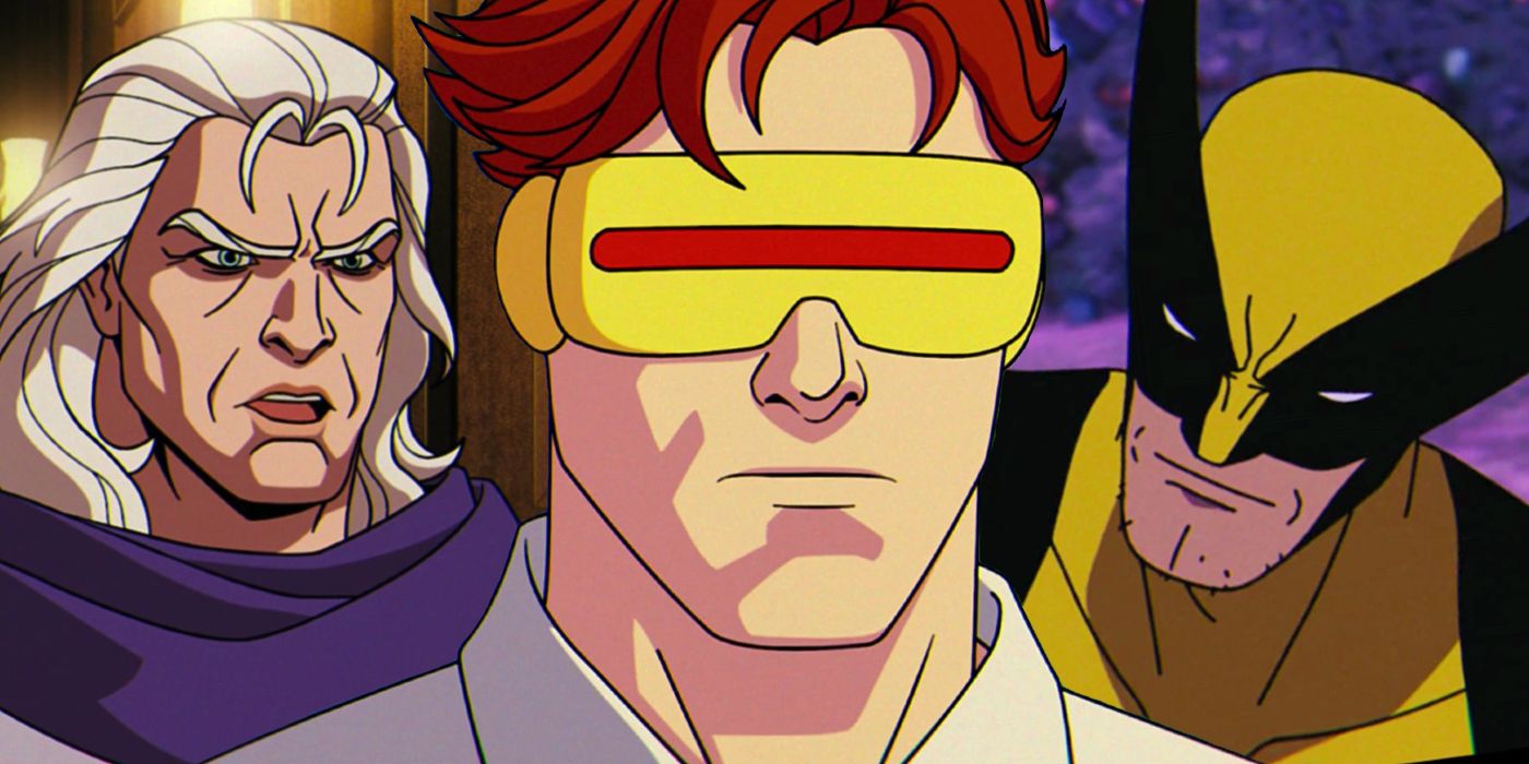 Magneto talking, Cyclops with his visor on, and Wolverine in his costume in X-Men '97
