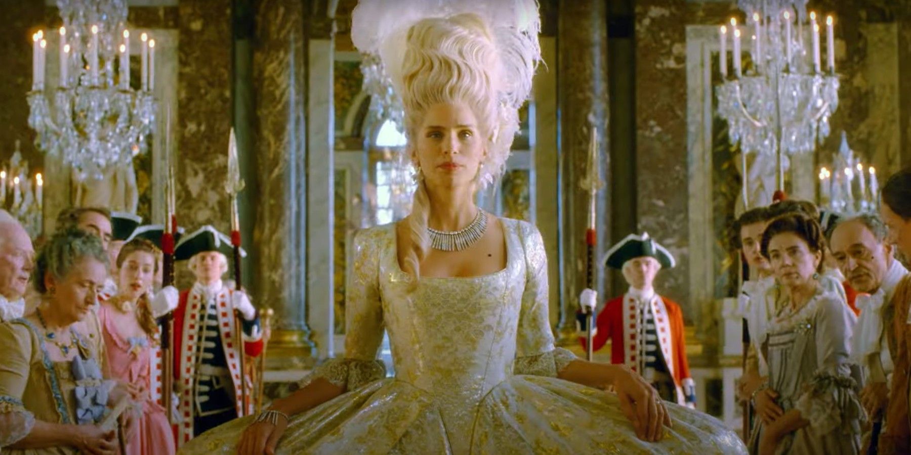 Maiwenn walking the French hall in a period costume in Jeanne du Barry