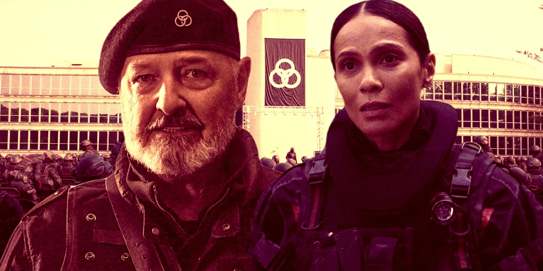 Major General Beale (Terry O'Quinn) and Pearl Thorne (Lesley-Ann Brandt) in front of the CRM base in The Walking Dead: The Ones Who Live