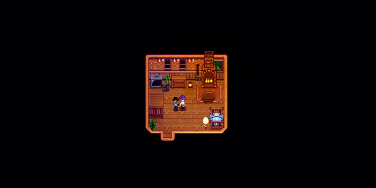 Jogador masculino ao lado de um manequim usando chapéu roxo na casa da fazenda Stardew Valley Meadowlands à noite