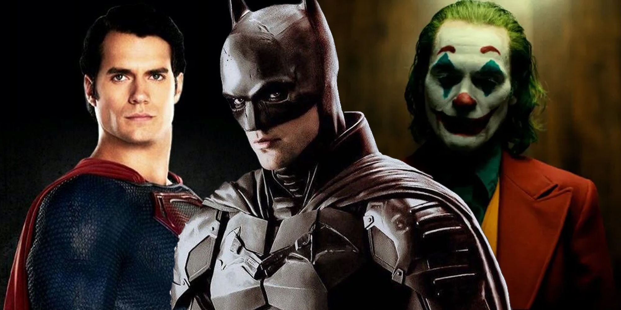 Henry Cavill as Superman from Man of Steel, Robert Pattinson as Batman in The Batman, and Joaquin Phoenix as Joker in Joker