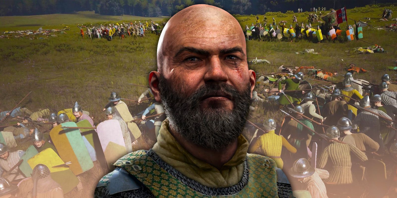 Bald, bearded man wearing medieval clothing is centered in front of a battle from Manor Lords.
