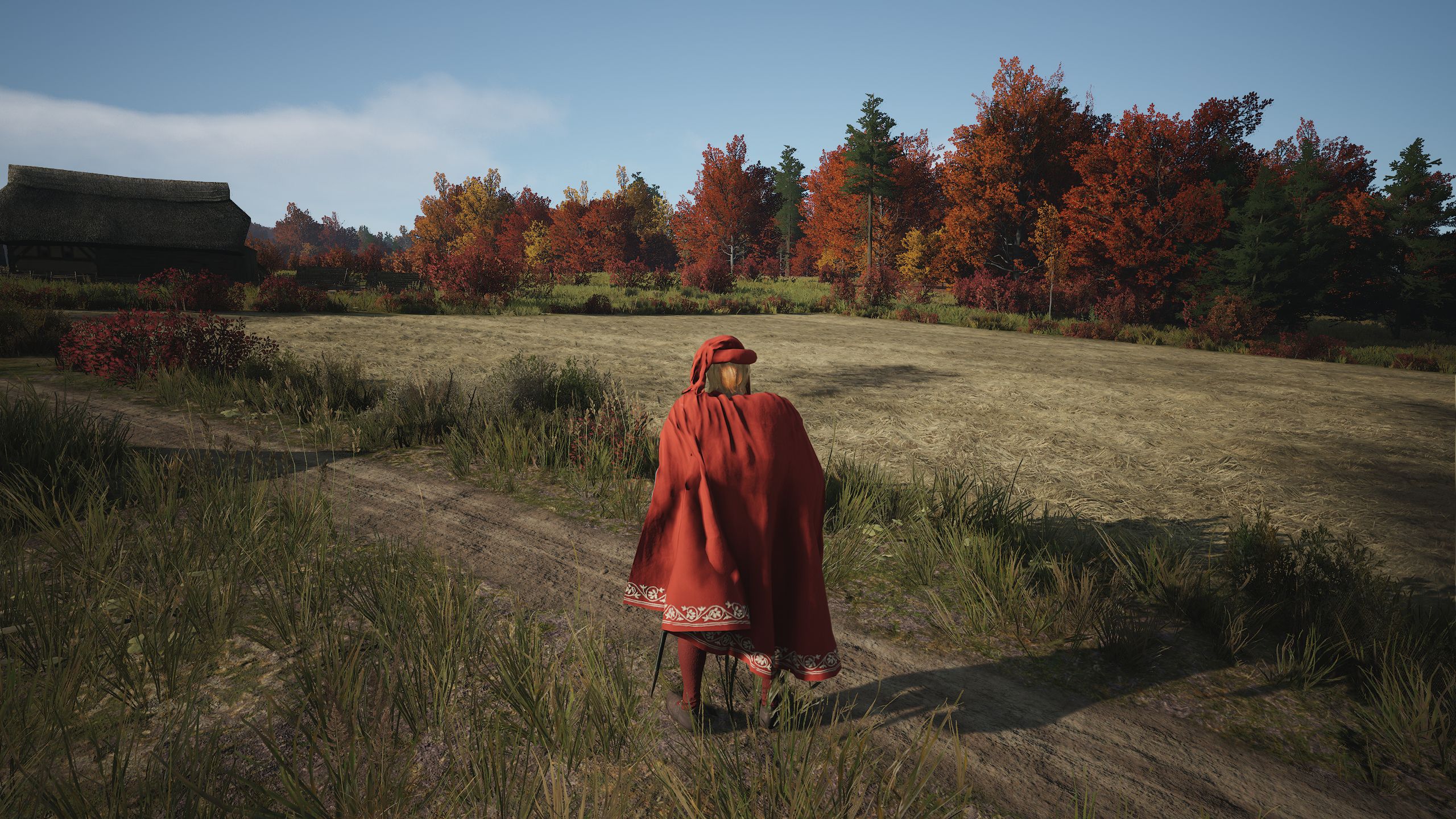 Jogador do Manor Lords em vestes vermelhas olhando para um campo de fazenda vazio