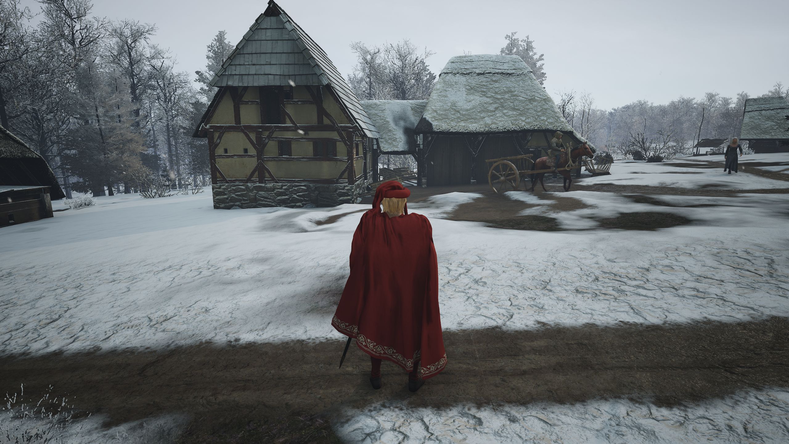 Jogador do Manor Lords em vestes vermelhas observando o comerciante a cavalo se preparando para deixar o posto comercial