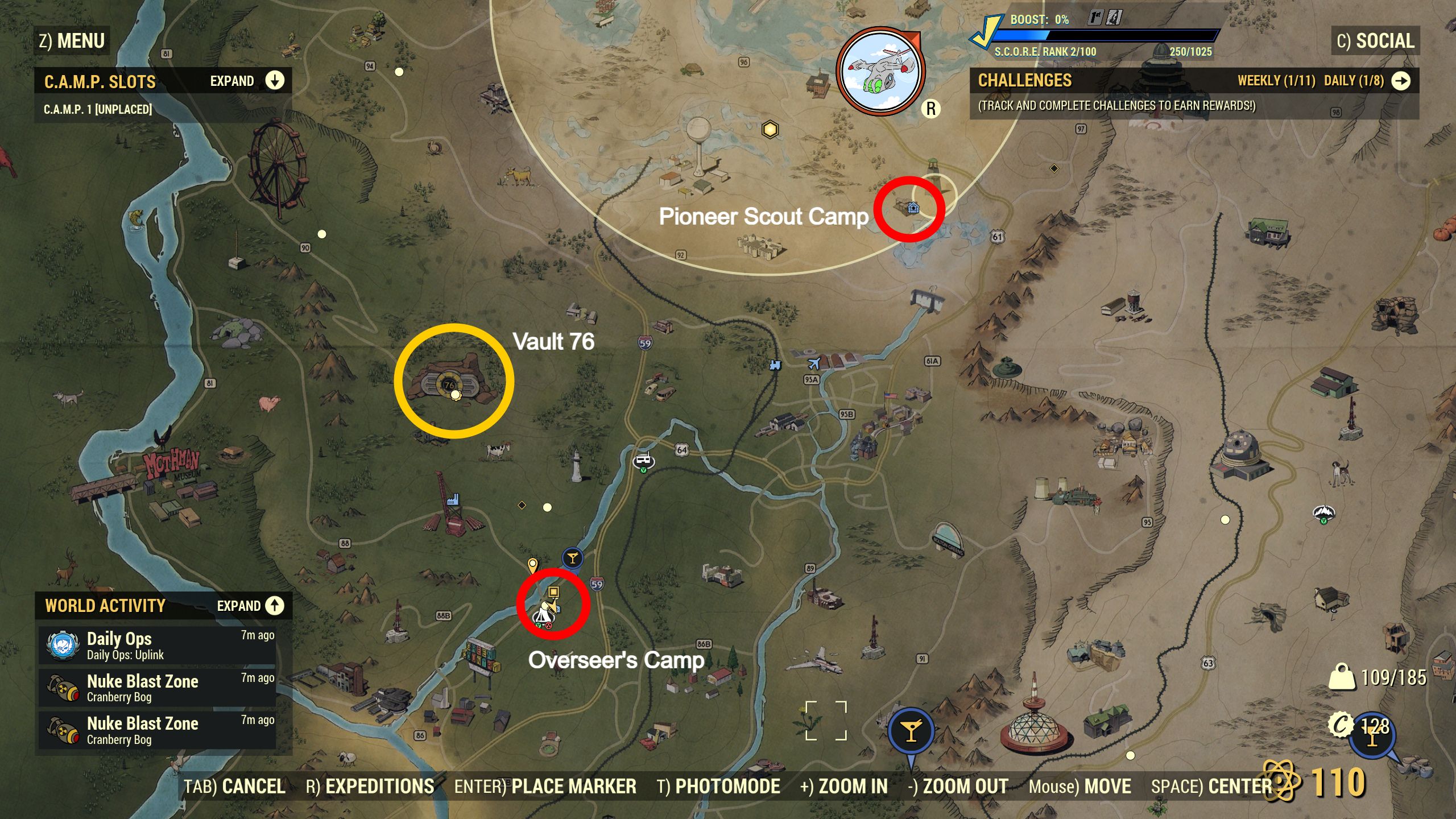 Mapeie as localizações do acampamento do supervisor e do acampamento dos escoteiros pioneiros no Fallout 76