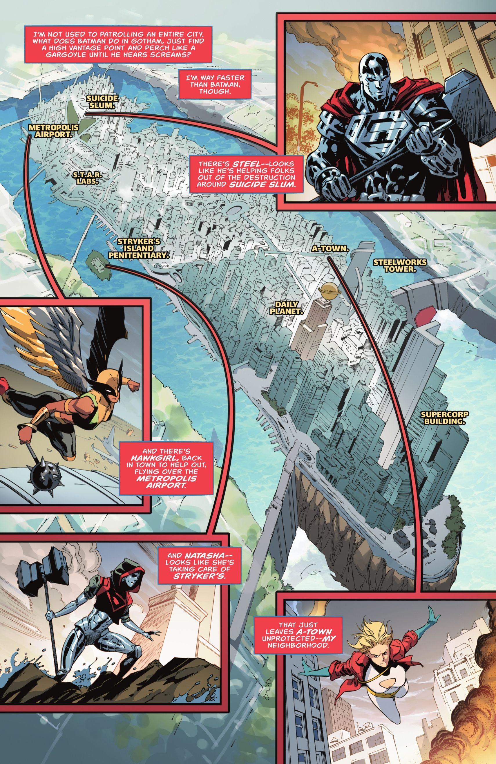 Página de quadrinhos: um mapa ampliado da cidade de Metropolis com fotos de Steel, Hawkgirl, Natasha Irons e Power Girl.