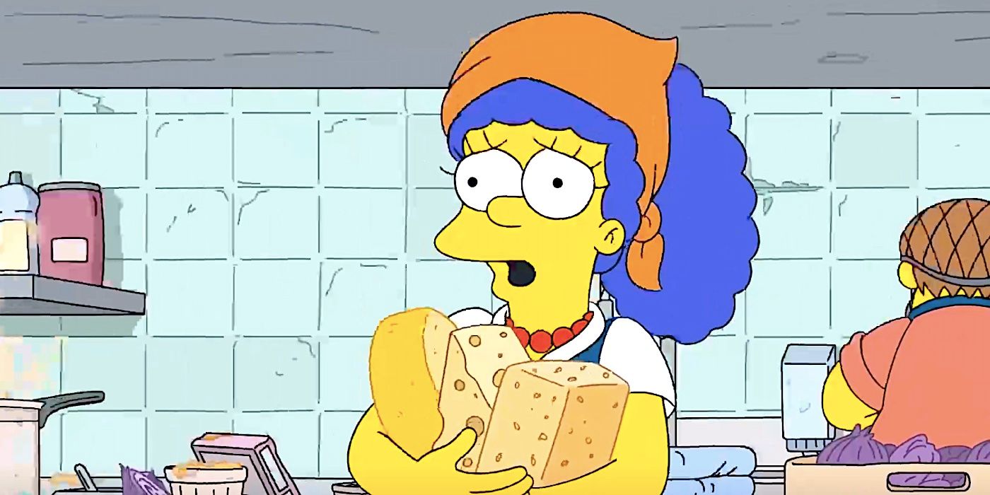 Marge looks worried as she carries cheese in a restaurant kitchen from The Simpsons season 35 episode 14