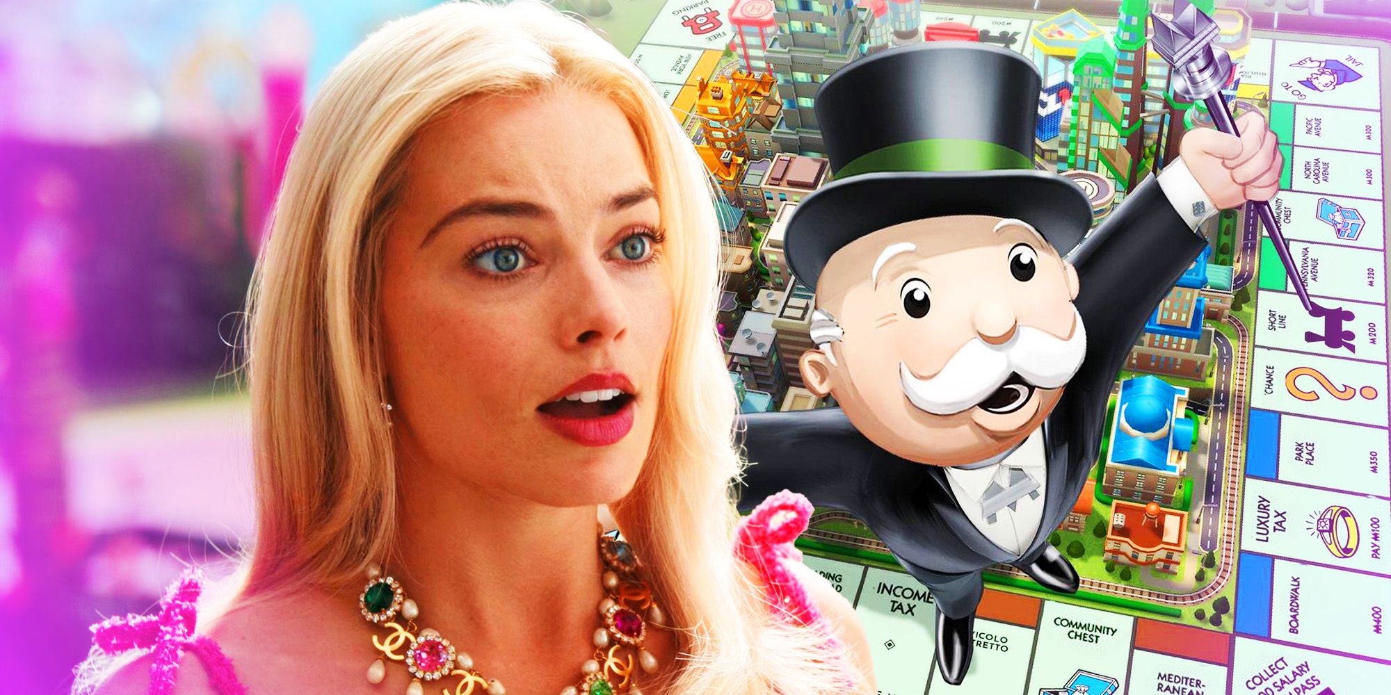 Margot Robbie in Barbie and the Monopoly man standing on the board game
