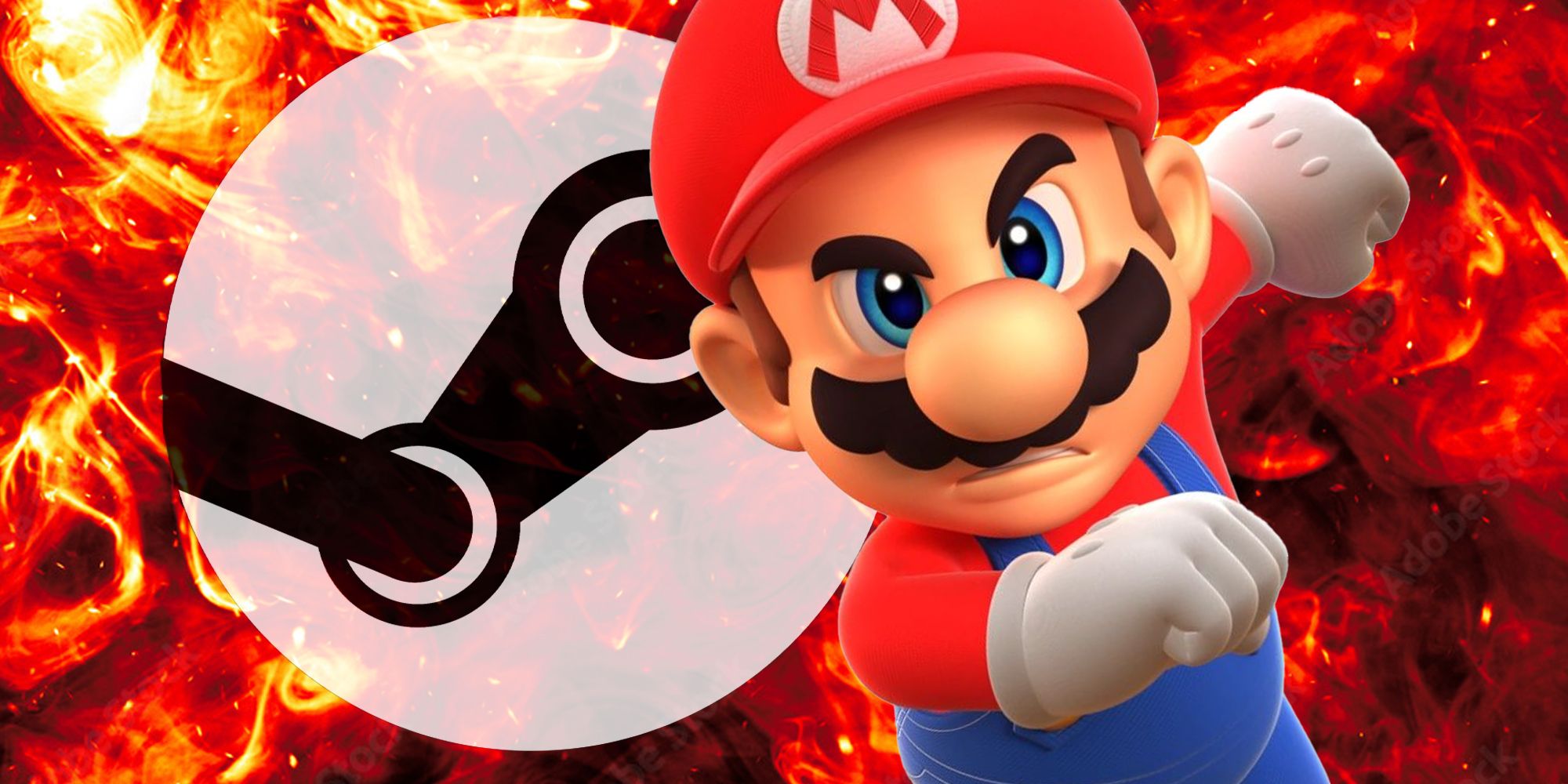 Mario and the Steam logo with a fiery background
