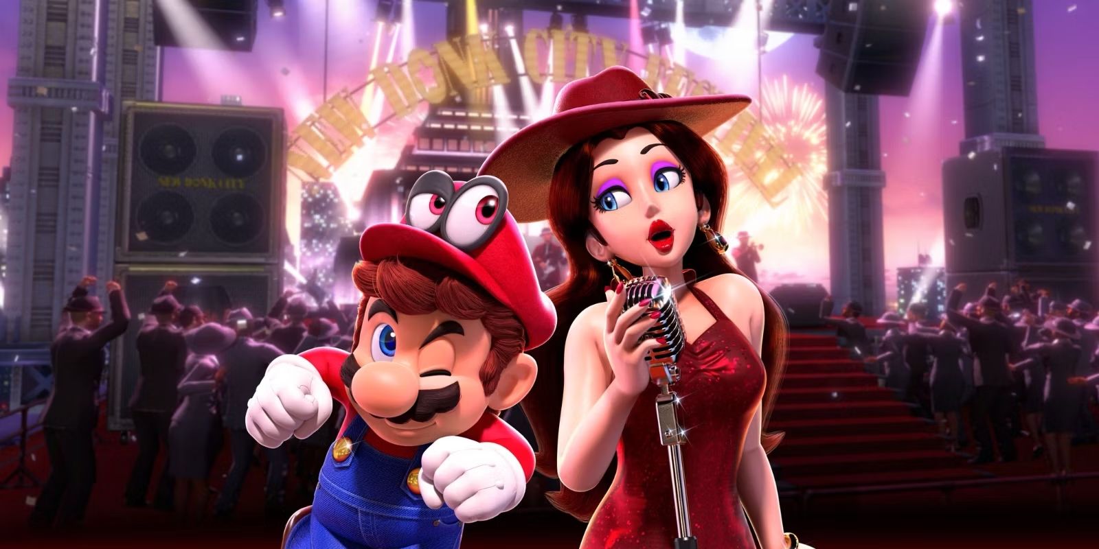 Mario and Mayor Pauline in front of a crowd from Super Mario Odyssey