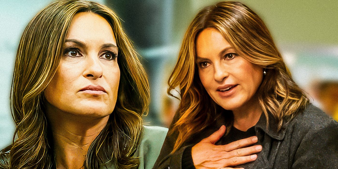 Two photos of Mariska Hargitay as Olivia Benson from Law & Order: SVU. In the central photo she is standing with her hand over her chest. To the left is a photo of her with a serious expression on her face.