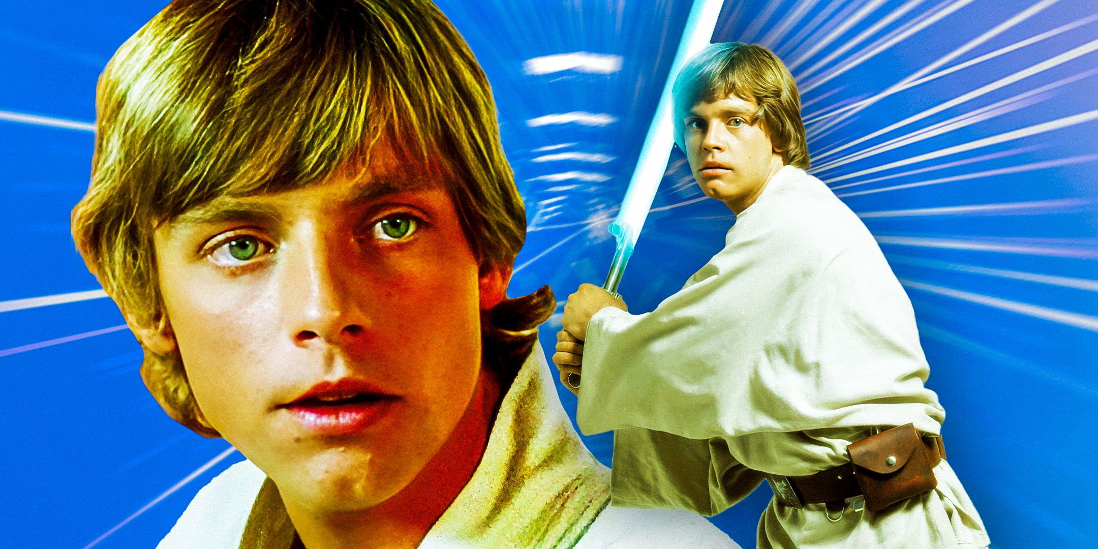 Mark Hamill as Luke Skywalker in A New Hope in a close up to the left and wielding his blue lightsaber to the right in a combined image in front of a blue background