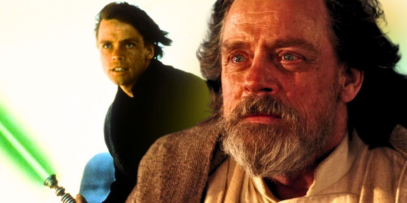 Mark Hamill as Luke Skywalker holding his lightsaber in Return of the Jedi (1983) and looking at the twin suns of Ahch-To in The Last Jedi (2017)
