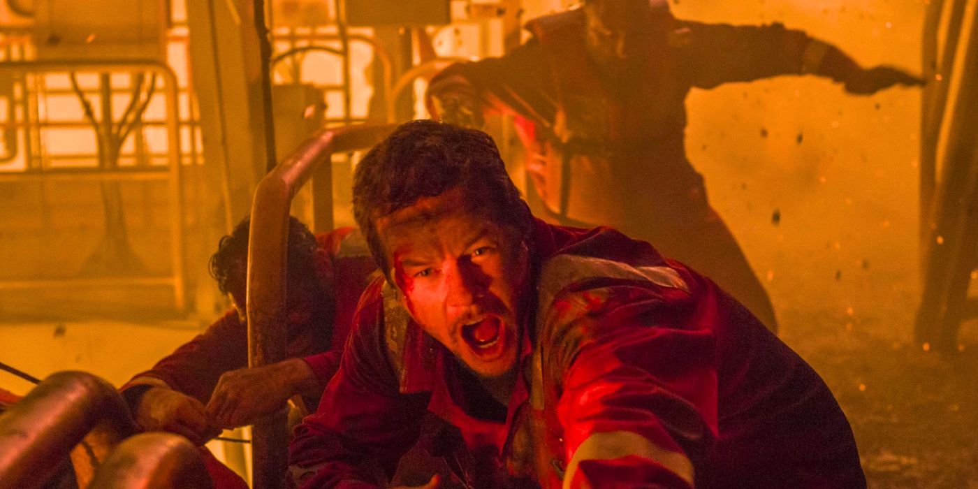 Mark Wahlberg and the drill team during the rig explosion in Deepwater Horizon