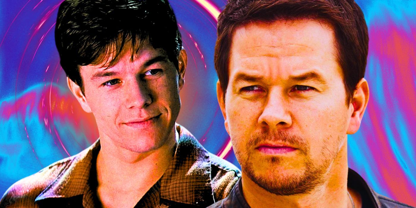 Mark Wahlberg quando jovem adulto em Fear e mais tarde na vida com cavanhaque contra um fundo roxo, azul e vermelho