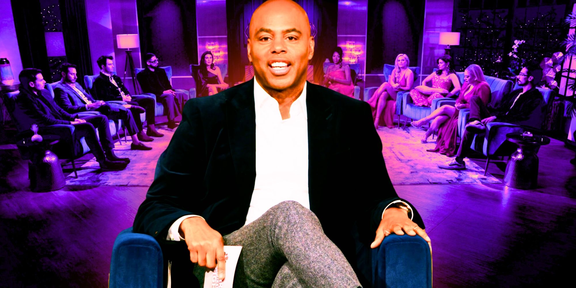 Married at First Sight Reunion Host Kevin Frazier with season 17 cast in background from the Reunion