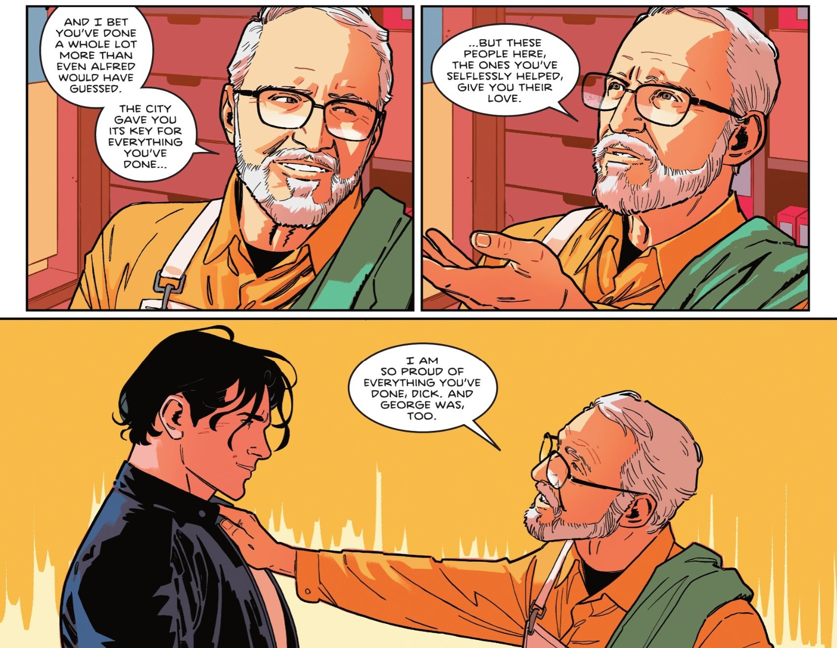 Painéis de quadrinhos: Marv diz a Asa Noturna o quanto ele e George estão orgulhosos dele.