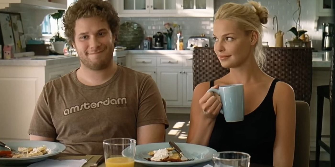 Seth Rogen and Katherine Heigl sitting next to each other at a breakfast table in Knocked Up