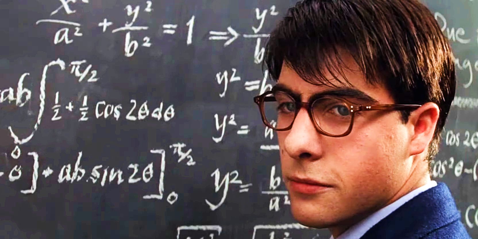 Max (Jason Schwartzman) stands by chalkboard with smug expression in Rushmore math dream sequence