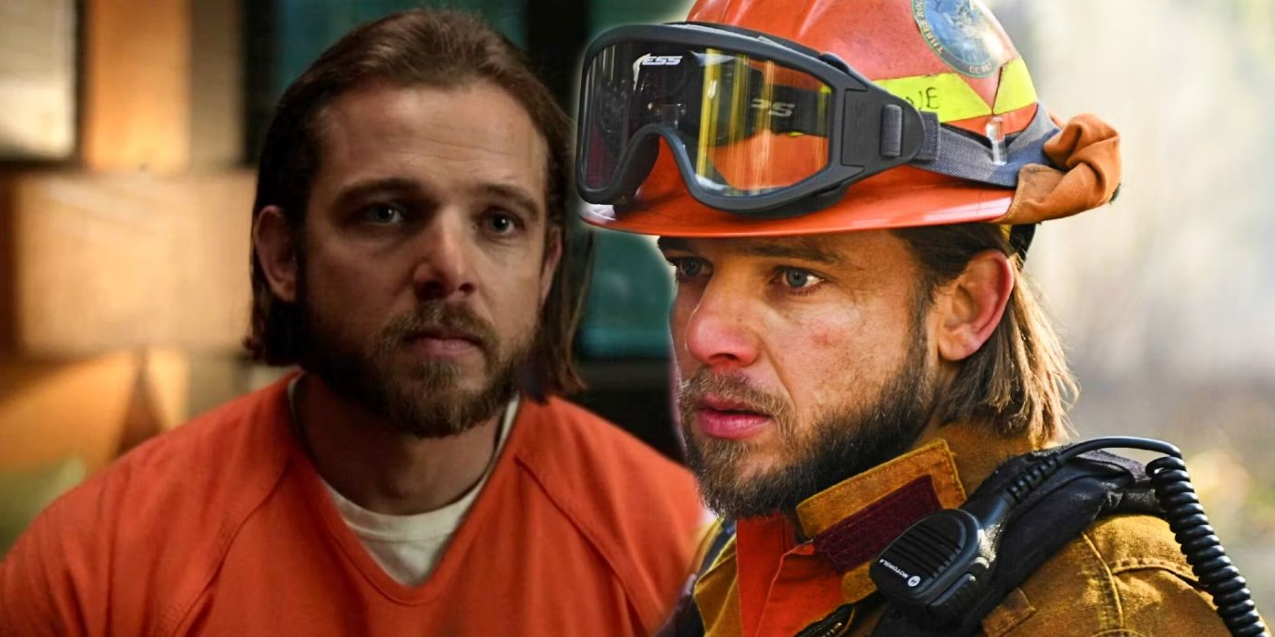 Max Thieriot as Bode Leone in a prison uniform and in firefighter gear in Fire Country