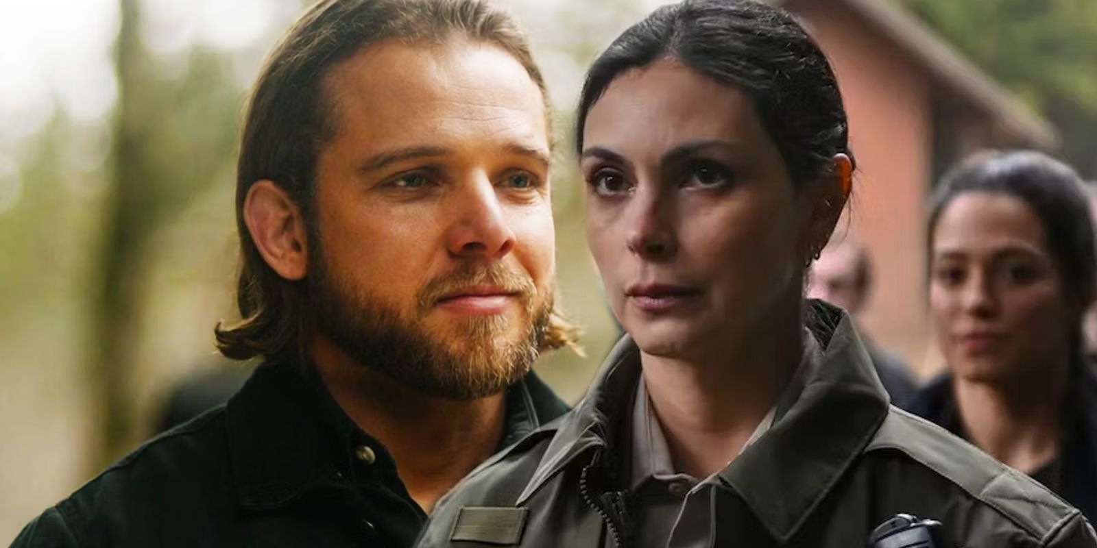 Max Thieriot as Bode Leone smiling next to Morena Baccarin as Sheriff Mickey looking serious in Fire Country season 2