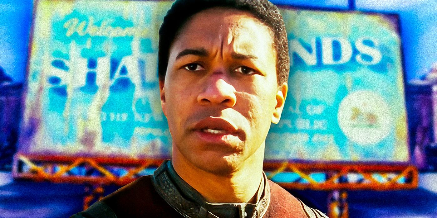 Maximus (Aaron Moten) looks surprised with Shady Sands sign behind from Fallout