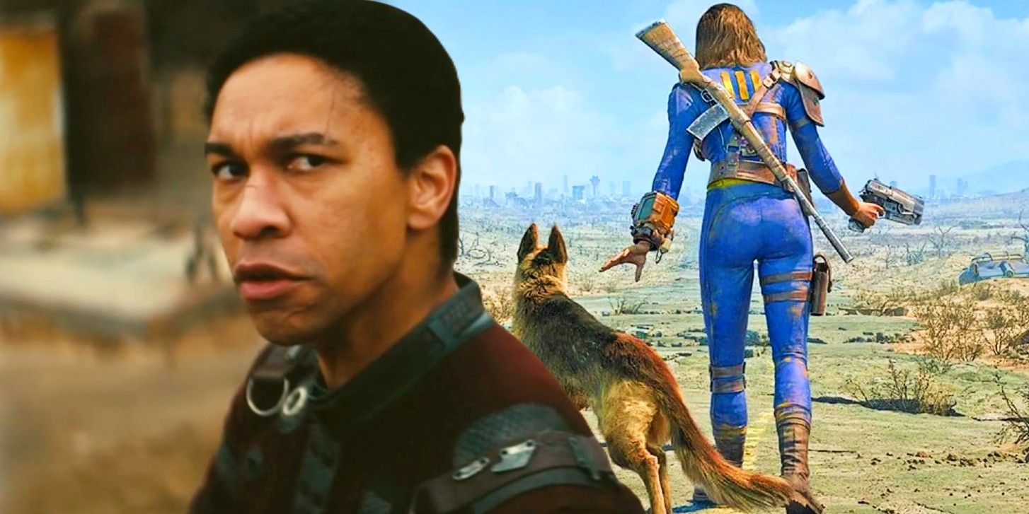 Maximus (Aaron Moten) has a concerned and angry look on his face in the Fallout show next to Dogmeat and the Sole Survivor from Fallout 4