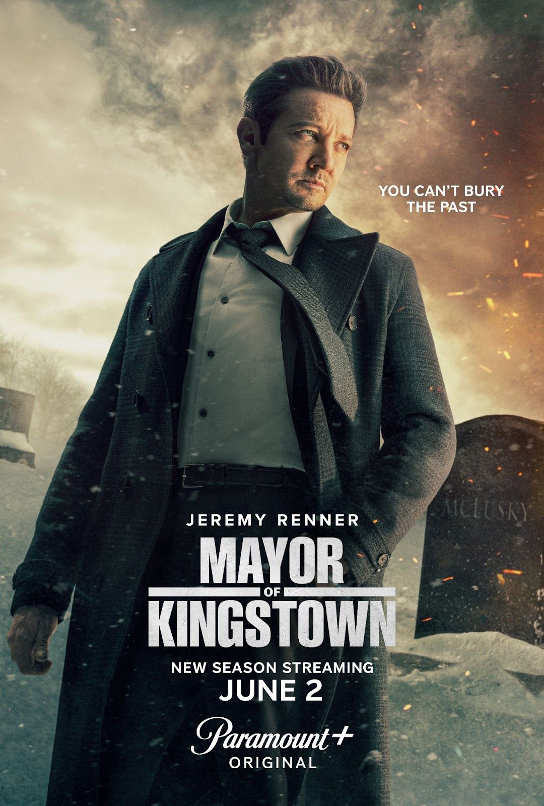 Poster for the third season of “Mayor of Kingstown” shows Jeremy Renner standing in front of a tombstone