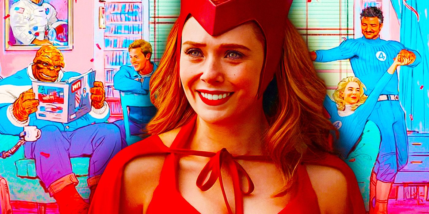 Scarlet Witch from Wandavision in front of the poster for Fantastic Four