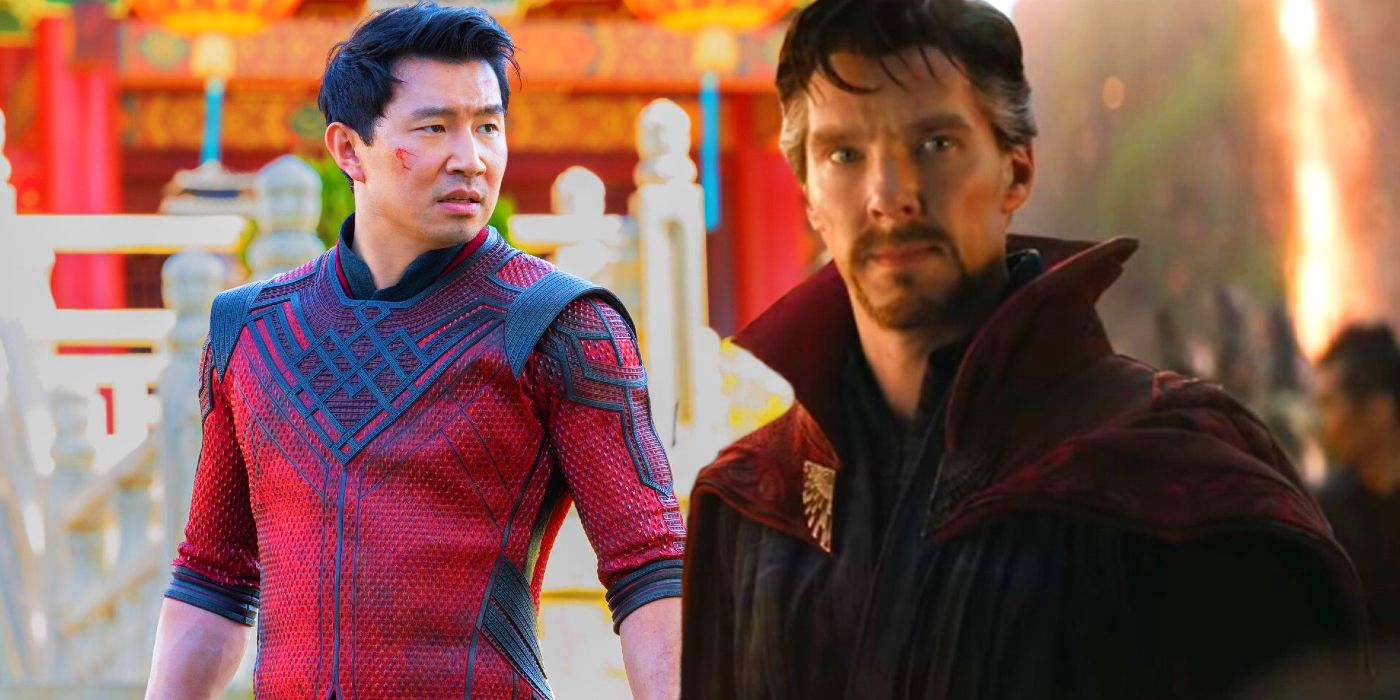 Split image of Simu Liu as Shang-Chi in Shang-Chi and the Legend of the Ten Rings and Benedict Cumberbatch as Doctor Strange in Avengers: Endgame